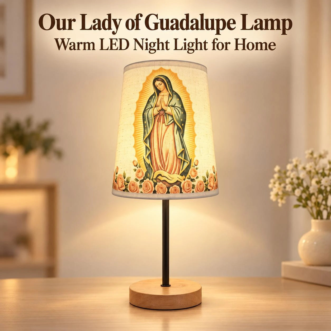 Our Lady of Guadalupe Table Lamp - Minimalist Mother Mary Medallion Religious Home Decor, Fabric Shade Plug-in LED Lights Bedroom Lamp, Solid Wood Base (23x12cm, 450g), Soft Warm Glow, First Communion Prayer Ambiance Christmas Gift
