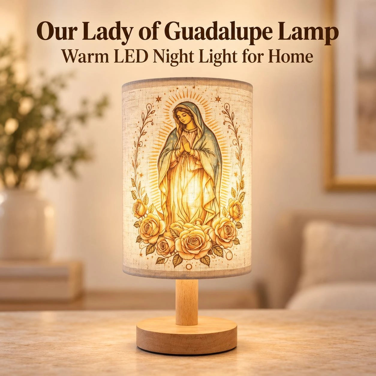 Our Lady of Guadalupe Compact Plug-in Table Lamp - Minimalist Mother Mary Medallion Religious Home Decor, Fabric Shade LED Nightlight, Solid Wood Base (23x12cm, 450g), Soft Warm Glow, Indoor Bedroom Baptism Ambiance