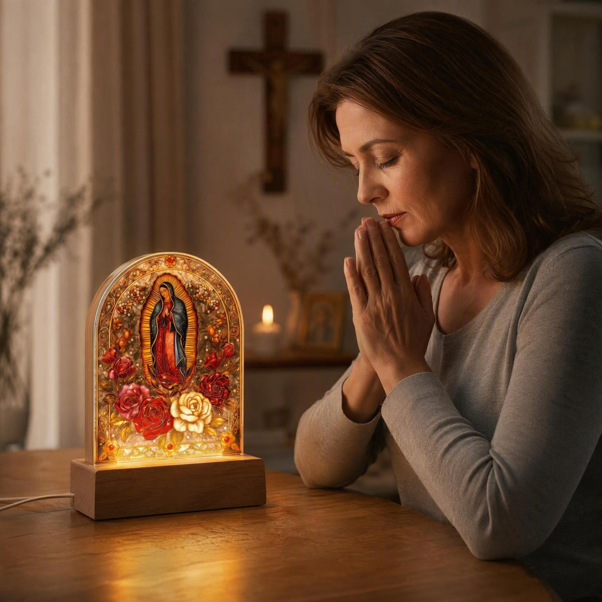 Our Lady of Guadalupe Acrylic Light — Classic Outline — Product shown beside a person in prayer