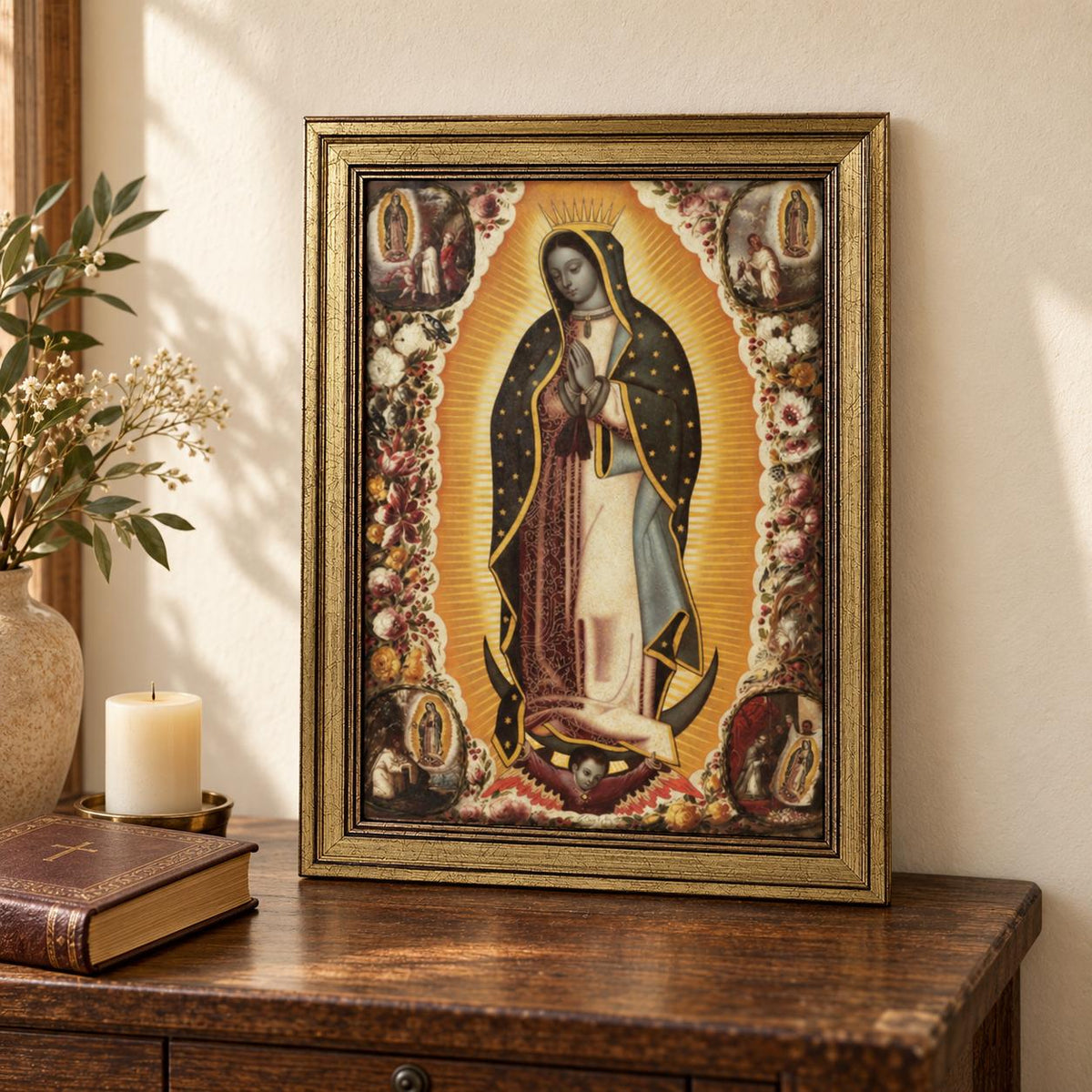Our Lady of Guadalupe Framed Art — Devotional Scenes — Product styled in a home prayer corner
