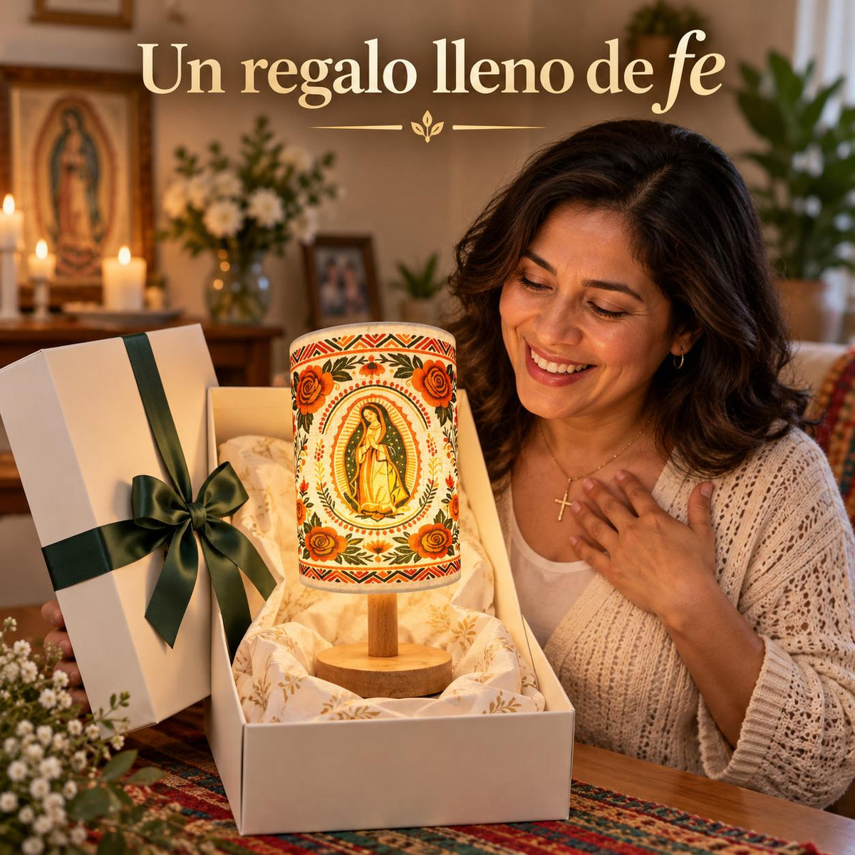 Our Lady of Guadalupe Fabric Lamp — Ornamental — Product shown in a gift-giving scene; props are not included