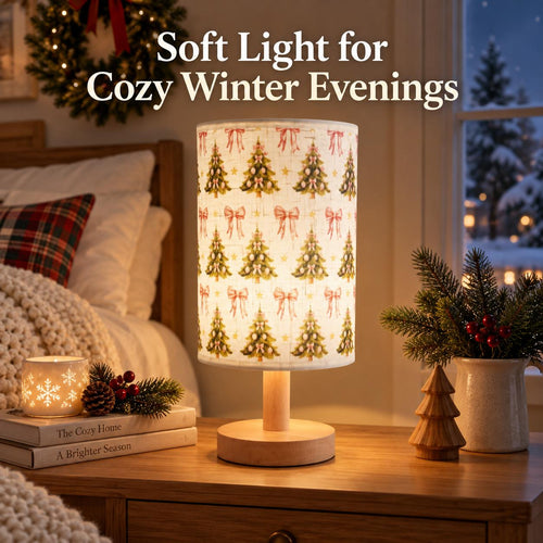 Christmas Fabric Table Lamp — Tree & Bow — Product on a bedside table