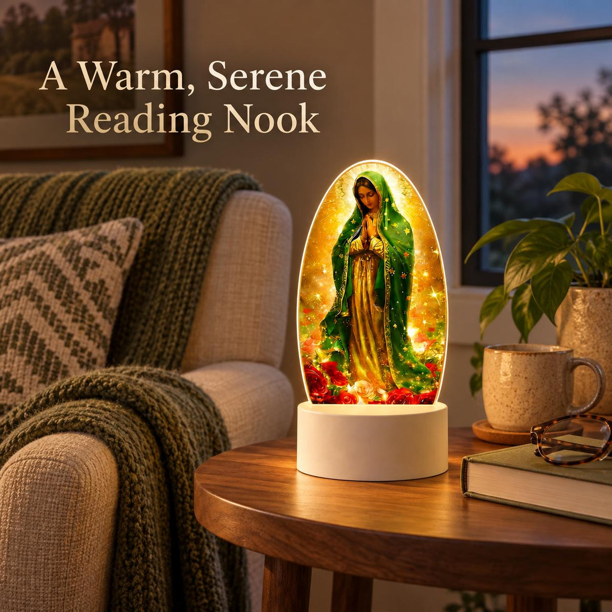 Luz de oración de Guadalupe — Floral de siete colores — Producto junto a una zona de descanso