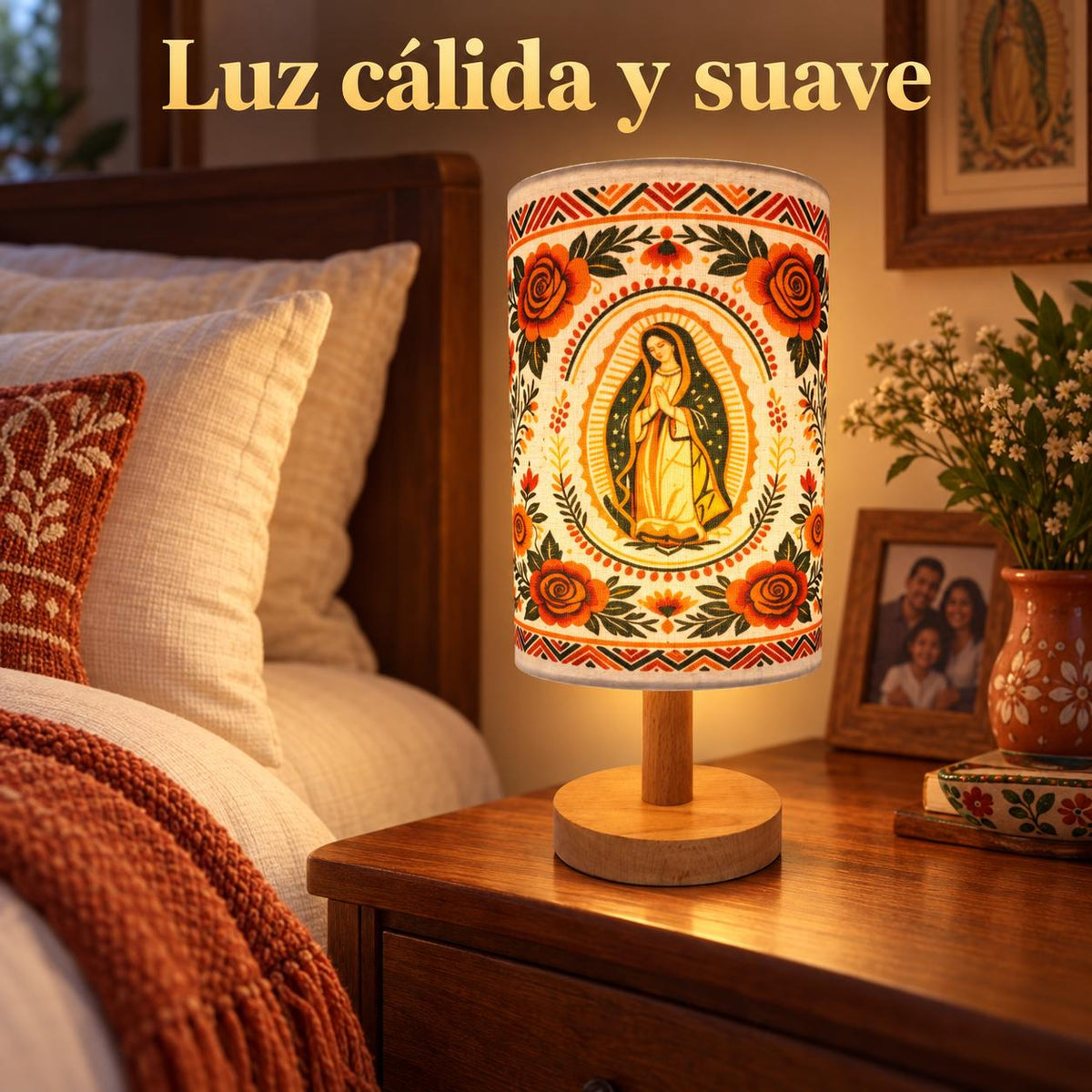 Our Lady of Guadalupe Fabric Lamp — Ornamental — Product on a bedside table