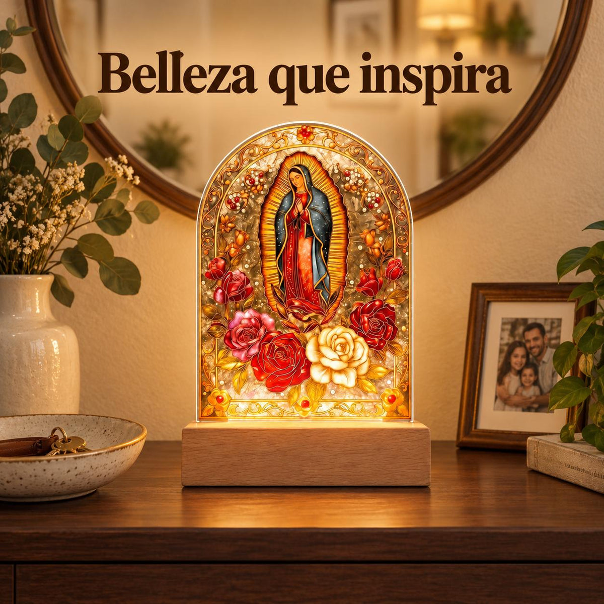 Our Lady of Guadalupe Acrylic Light — Classic Outline — Product on a bedside table