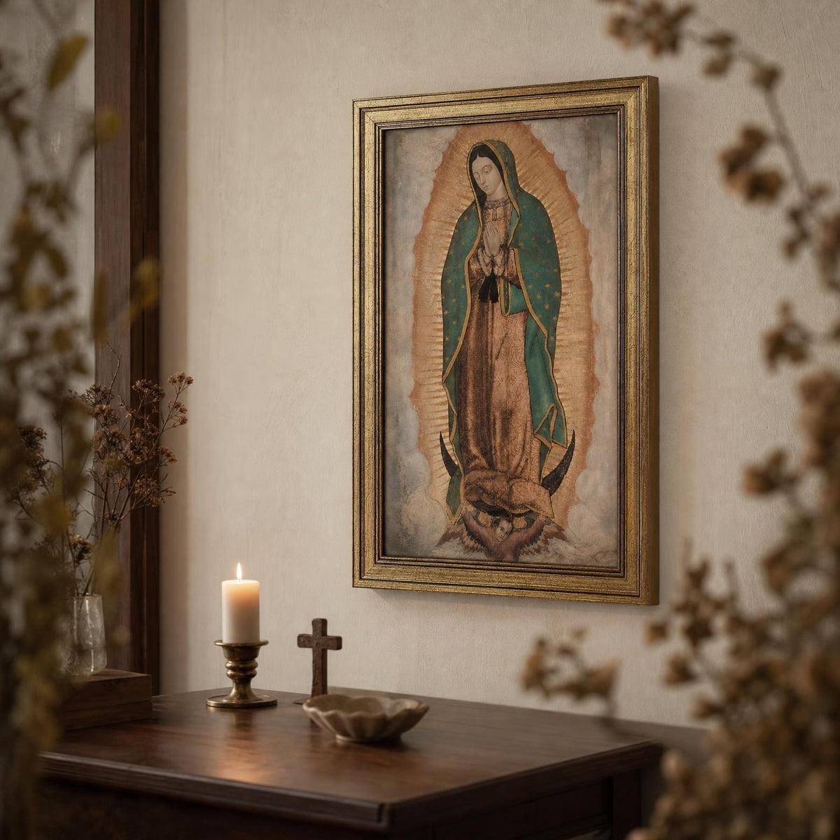Our Lady of Guadalupe Framed Wall Art — Classic — Product styled in a home prayer corner