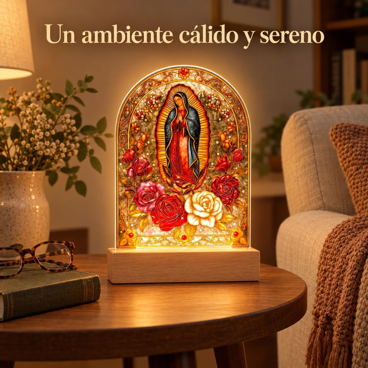 Our Lady of Guadalupe Acrylic Light — Classic Outline — Product styled in a home interior