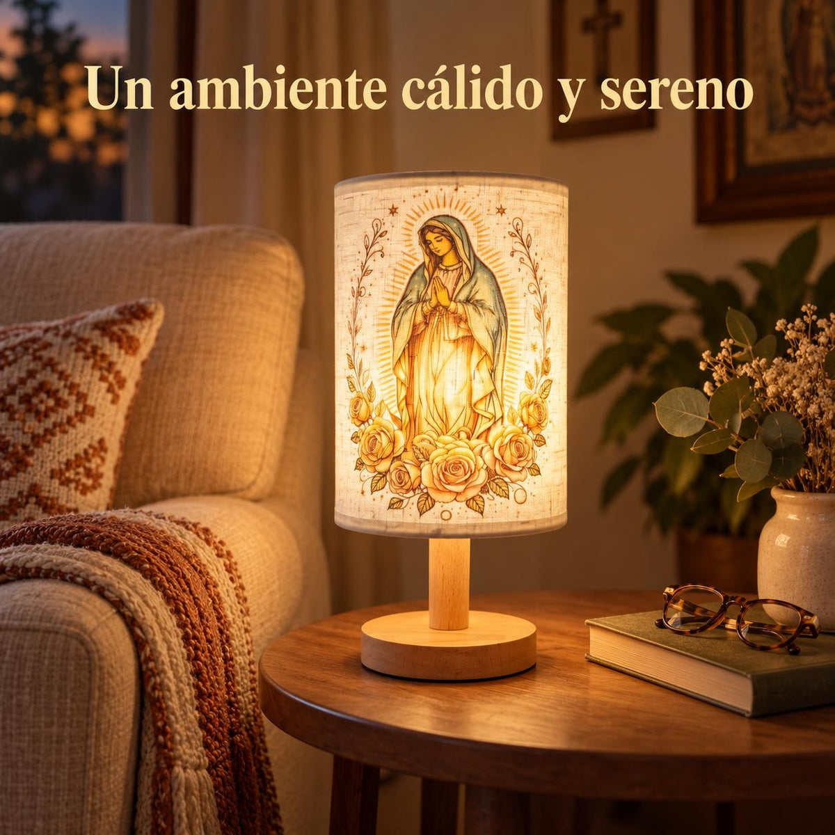 Our Lady of Guadalupe Fabric Lamp — Golden Artwork — Product beside a seating area