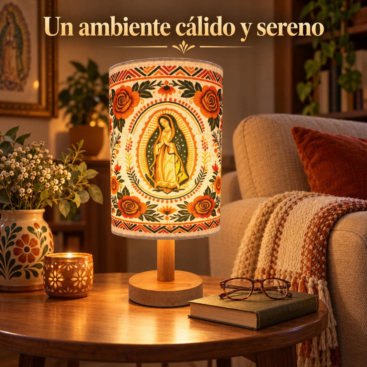 Our Lady of Guadalupe Fabric Lamp — Ornamental — Product beside a seating area