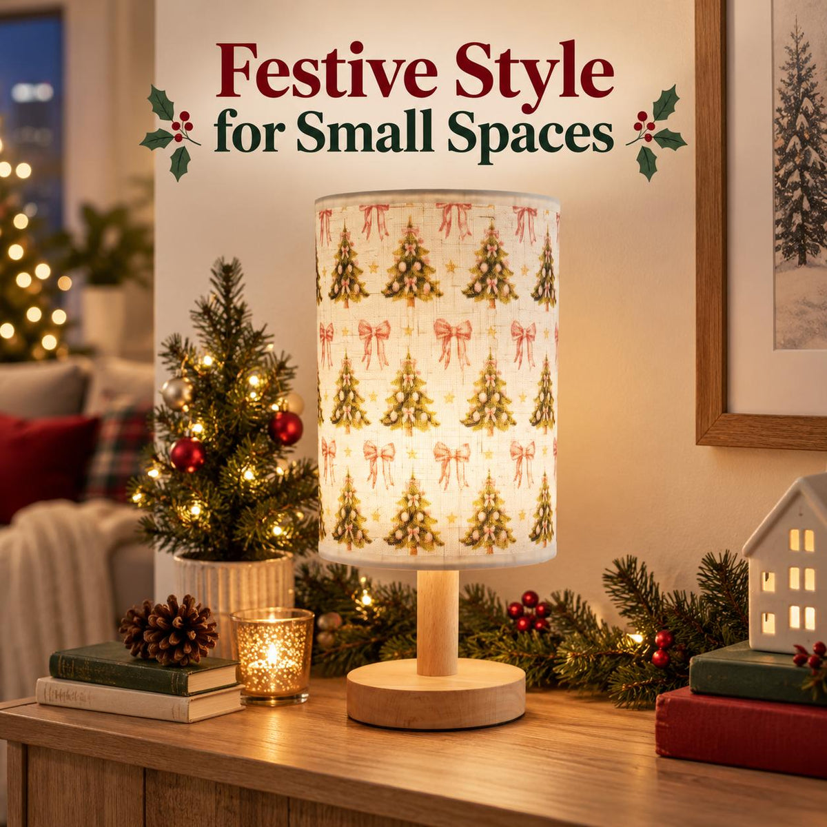 Christmas Fabric Table Lamp — Tree & Bow — Product styled in a home interior