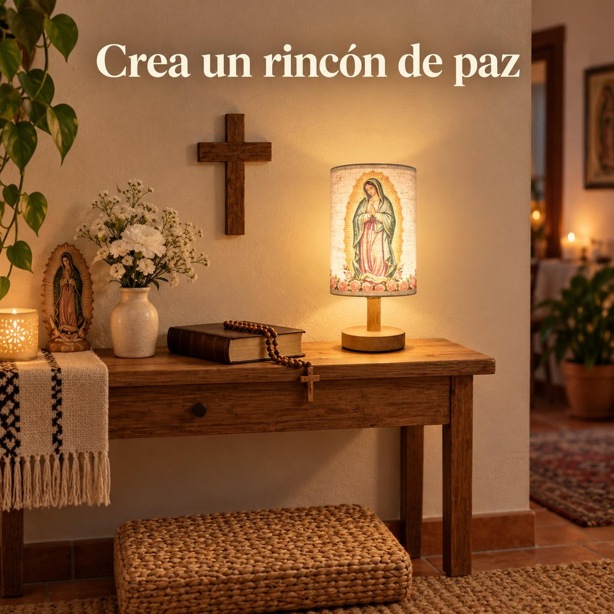 Our Lady of Guadalupe Fabric Table Lamp — Classic — Product styled in a home prayer corner