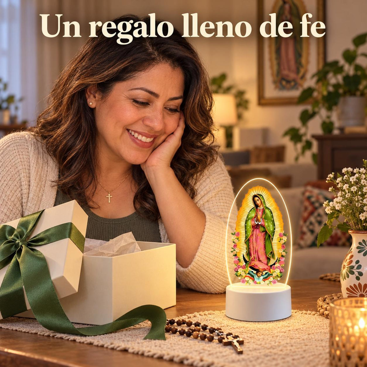 Our Lady of Guadalupe Acrylic Prayer Light — Three Color — Product shown in a gift-giving scene; props are not included
