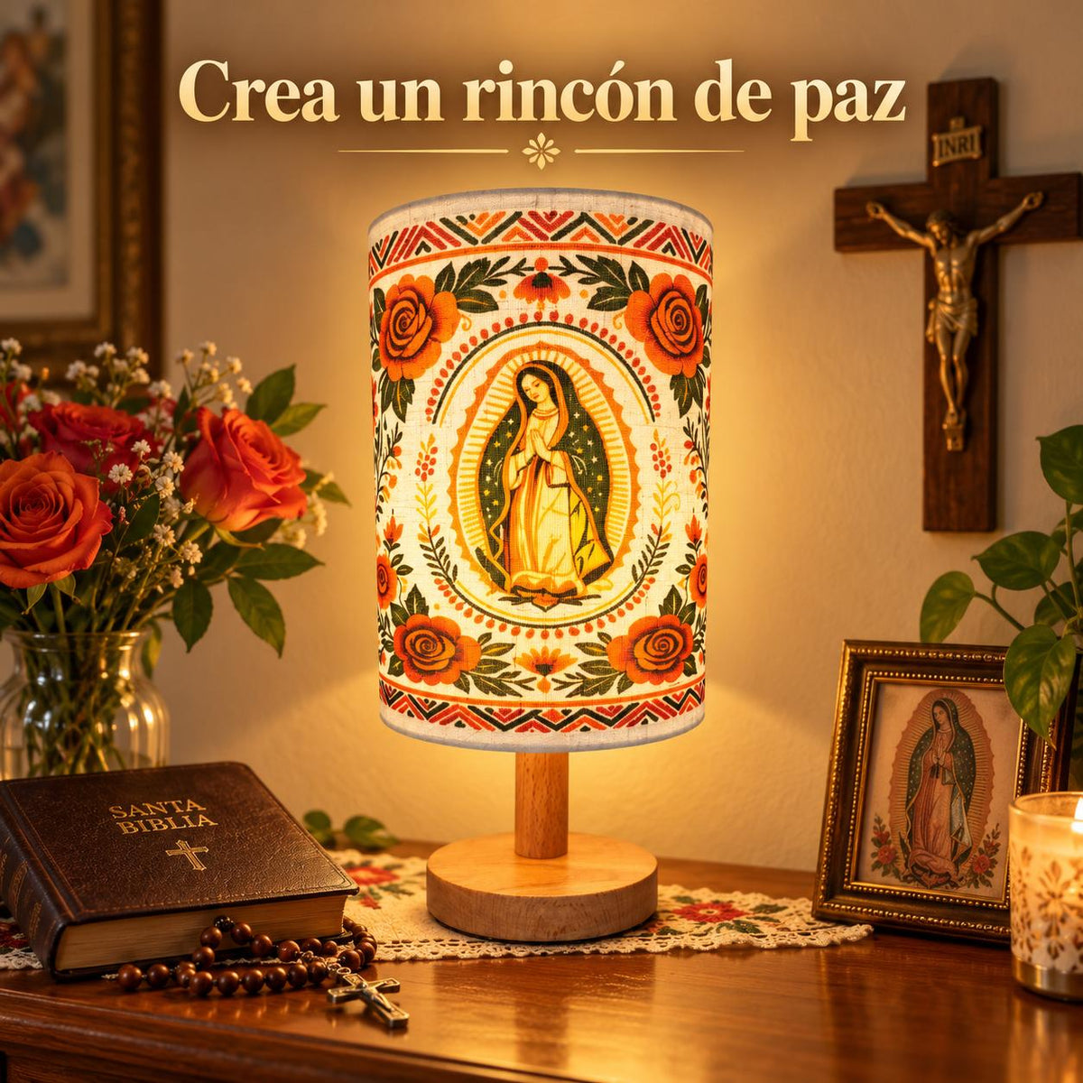 Our Lady of Guadalupe Fabric Lamp — Ornamental — Product styled in a home prayer corner
