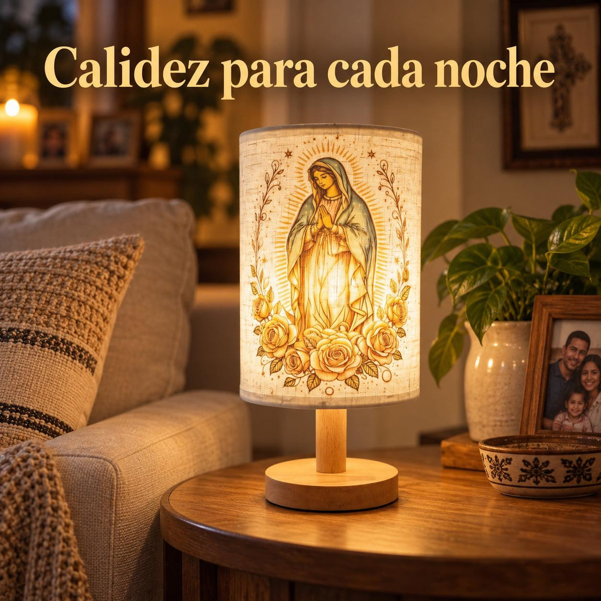 Our Lady of Guadalupe Fabric Lamp — Golden Artwork — Product on a bedside table