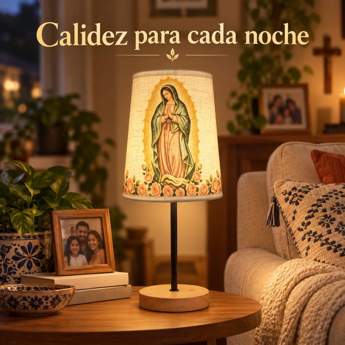 Our Lady of Guadalupe Fabric Lamp — Rose Artwork — Product on a bedside table
