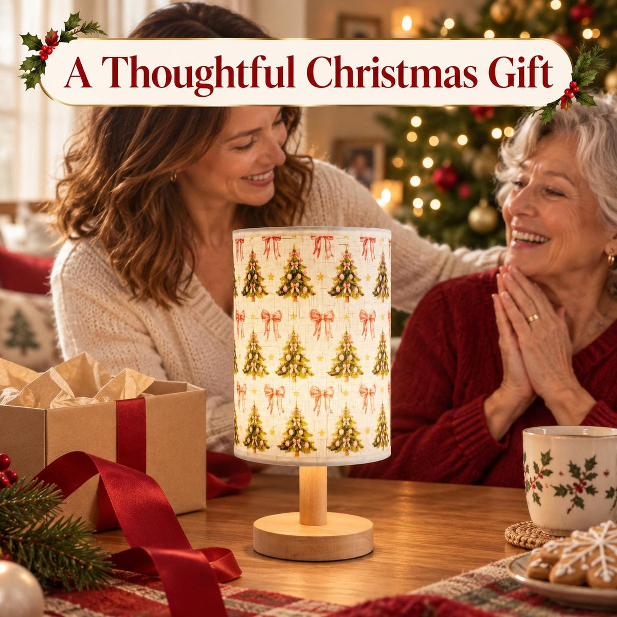 Christmas Fabric Table Lamp — Tree & Bow — Product shown in a gift-giving scene; props are not included