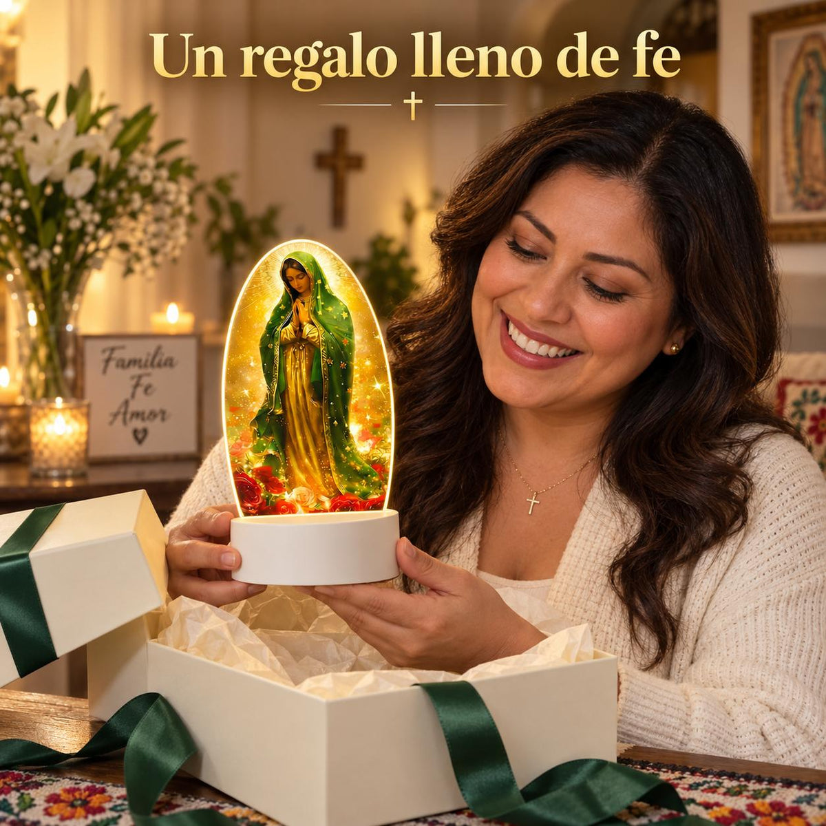 Luz de oración de Guadalupe — Floral de siete colores — Producto en una escena de regalo; los objetos decorativos no están incluidos