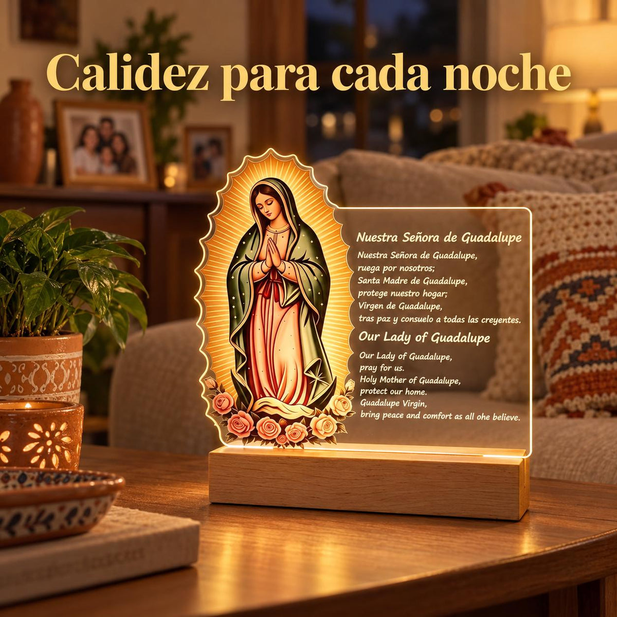 Our Lady of Guadalupe Acrylic Light — Prayer Text — Product on a bedside table