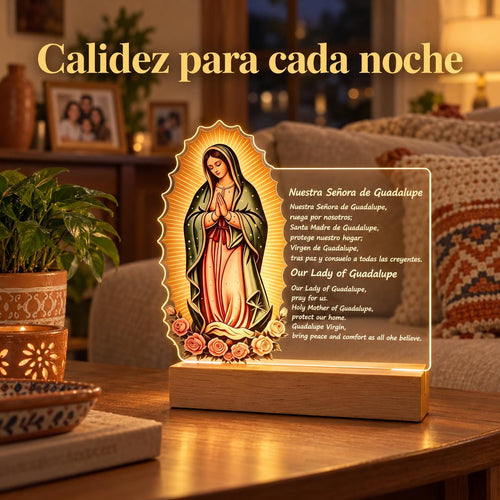Our Lady of Guadalupe Acrylic Light — Prayer Text — Product on a bedside table