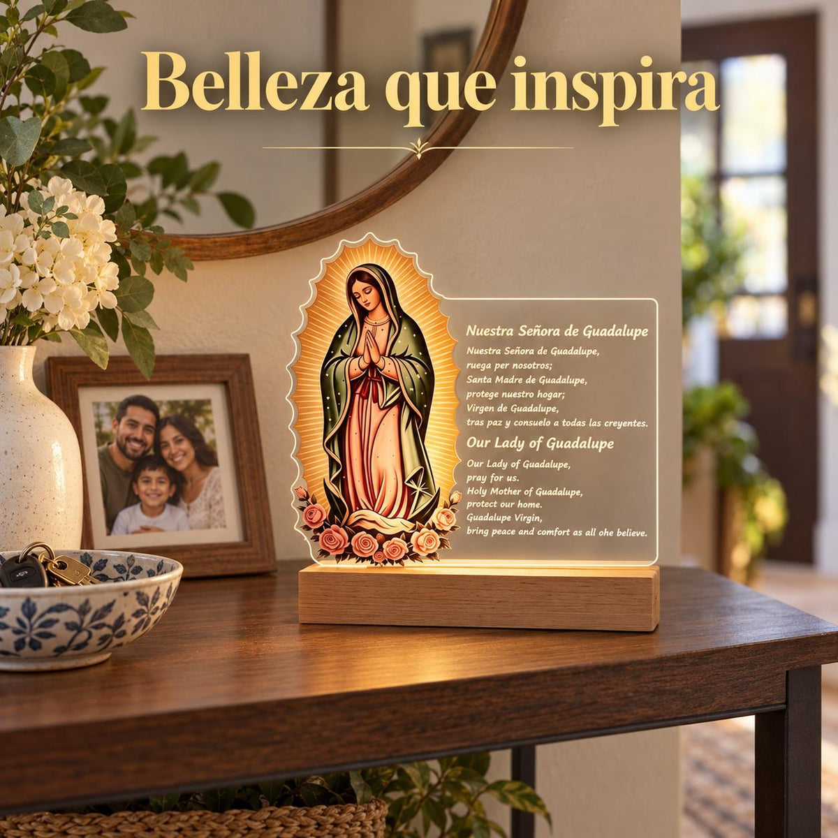 Our Lady of Guadalupe Acrylic Light — Prayer Text — Product styled in a home interior