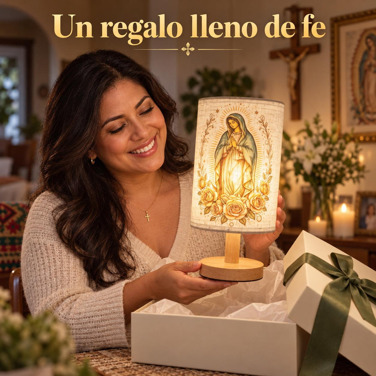 Our Lady of Guadalupe Fabric Lamp — Golden Artwork — Product shown in a gift-giving scene; props are not included