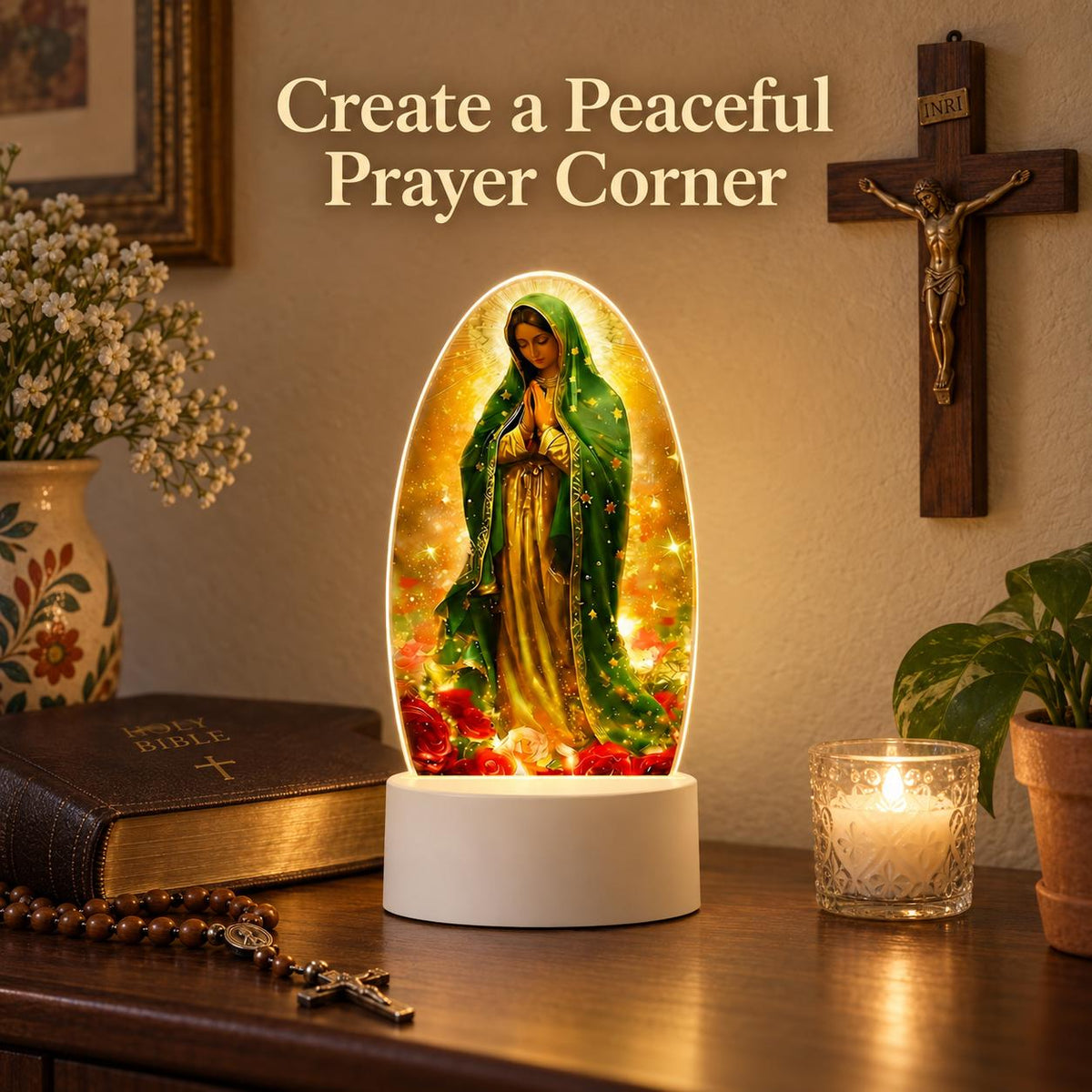 Luz de oración de la Virgen de Guadalupe — Floral — Producto en un rincón de oración en casa