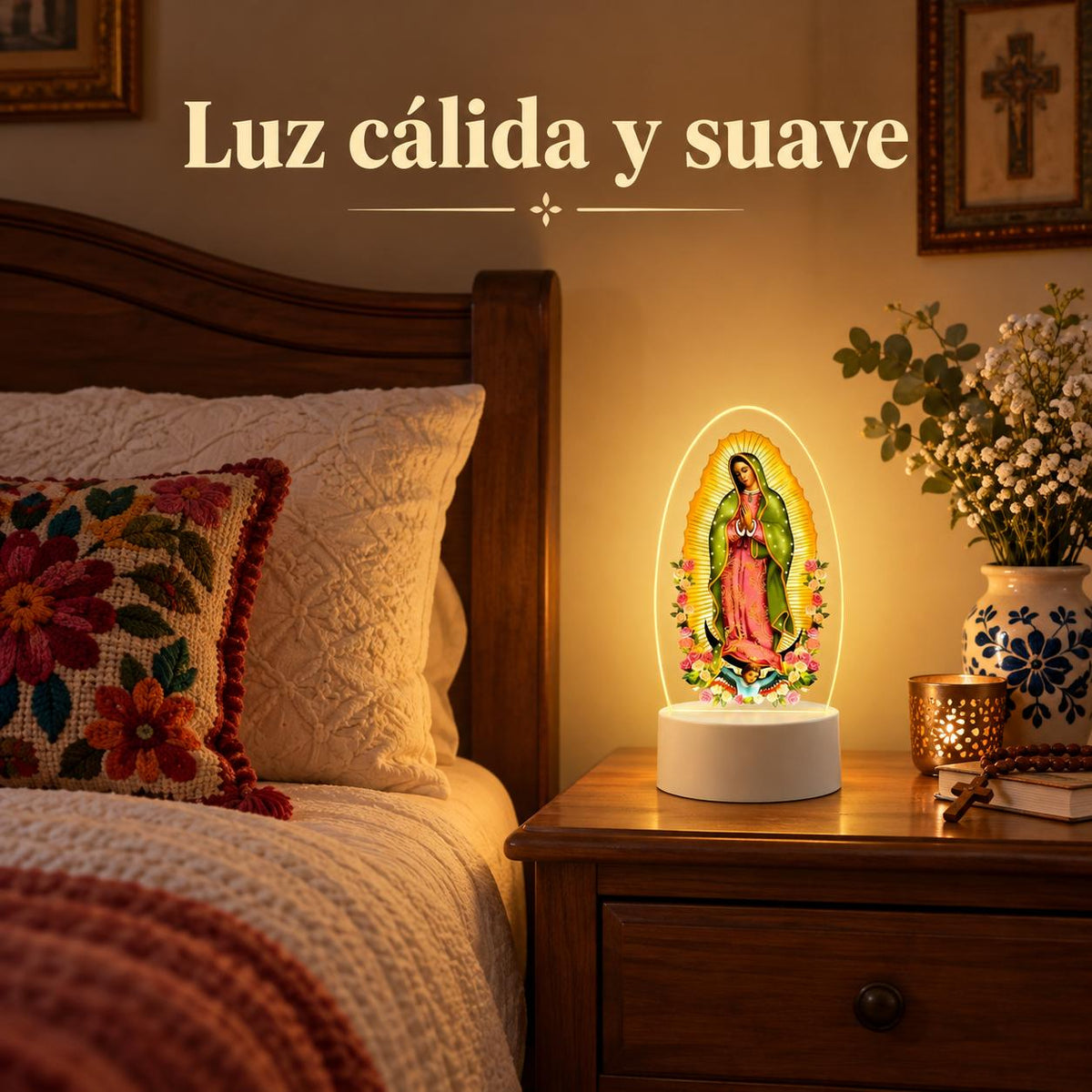 Our Lady of Guadalupe Acrylic Prayer Light — Three Color — Product on a bedside table