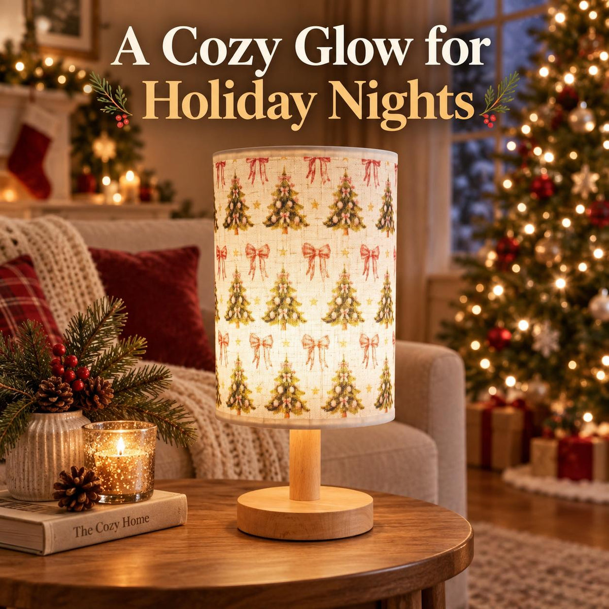 Christmas Fabric Table Lamp — Tree & Bow — Product beside a seating area