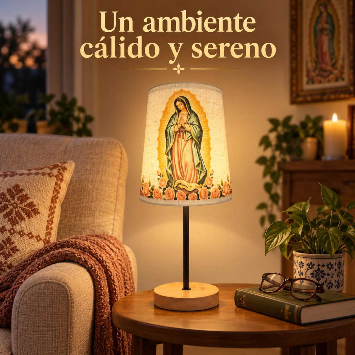 Our Lady of Guadalupe Fabric Lamp — Rose Artwork — Product beside a seating area