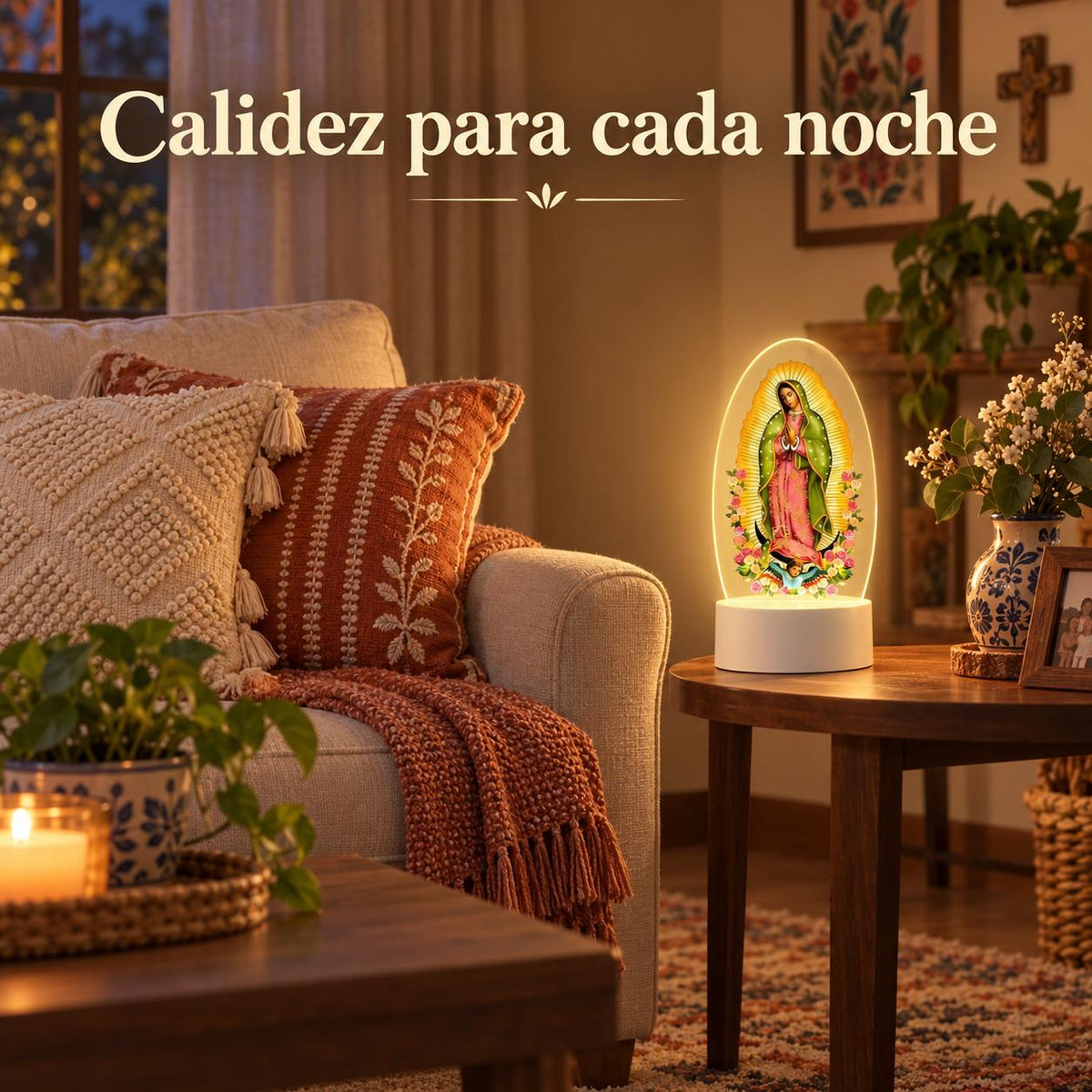 Our Lady of Guadalupe Acrylic Prayer Light — Three Color — Product on a bedside table