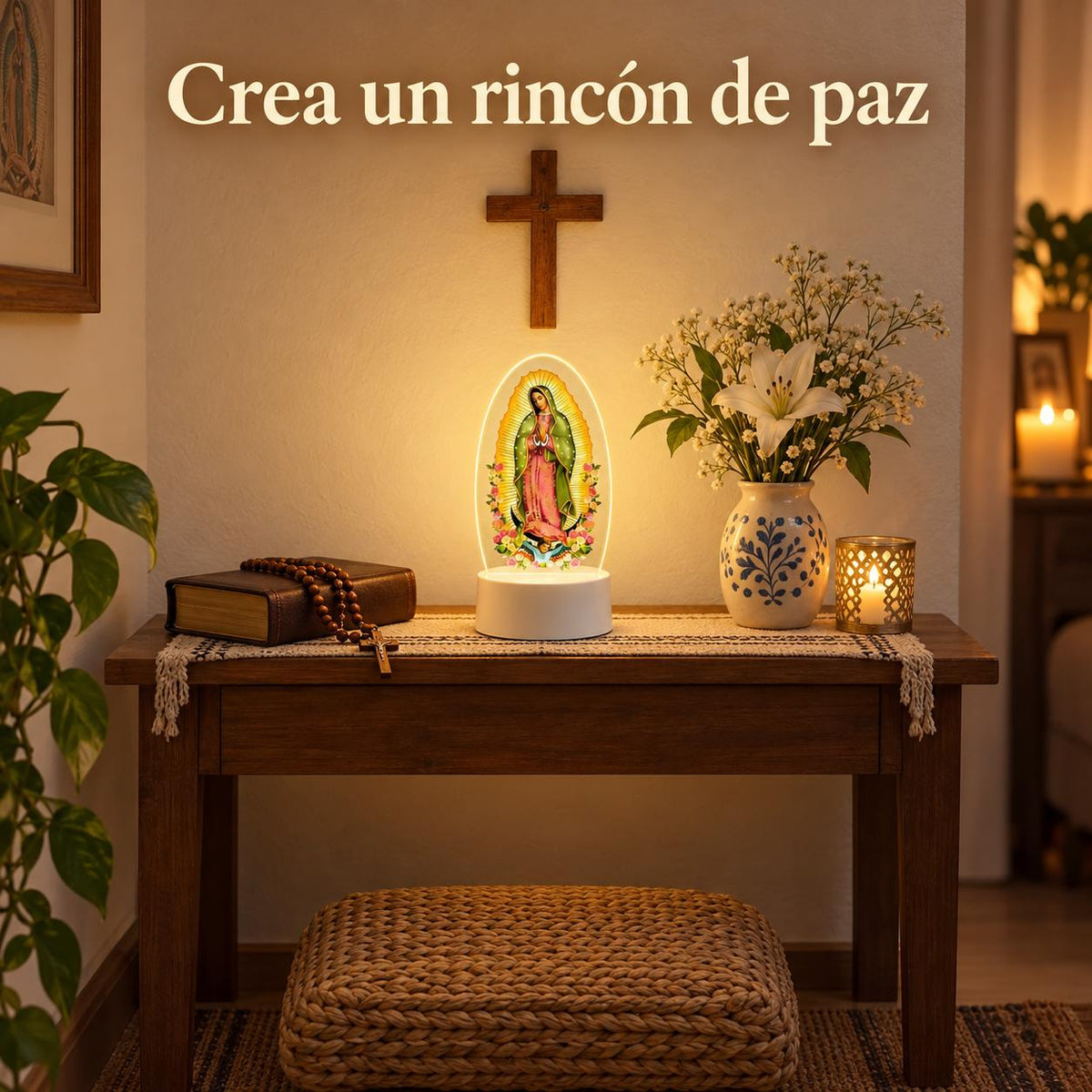 Our Lady of Guadalupe Acrylic Prayer Light — Three Color — Product styled in a home prayer corner