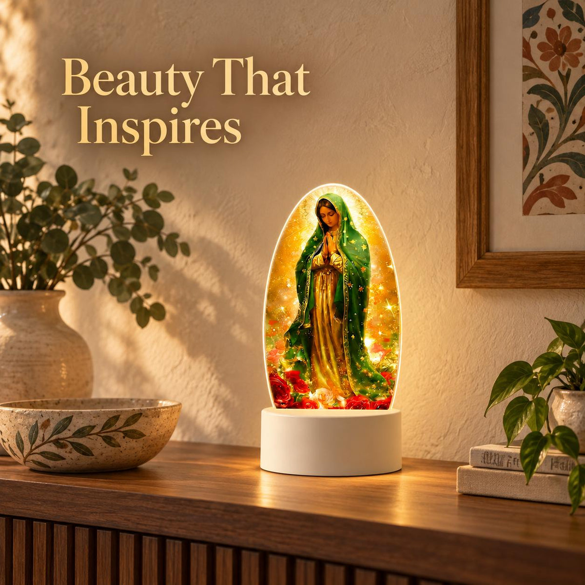 Luz de oración de Guadalupe — Floral de siete colores — Producto en un ambiente del hogar