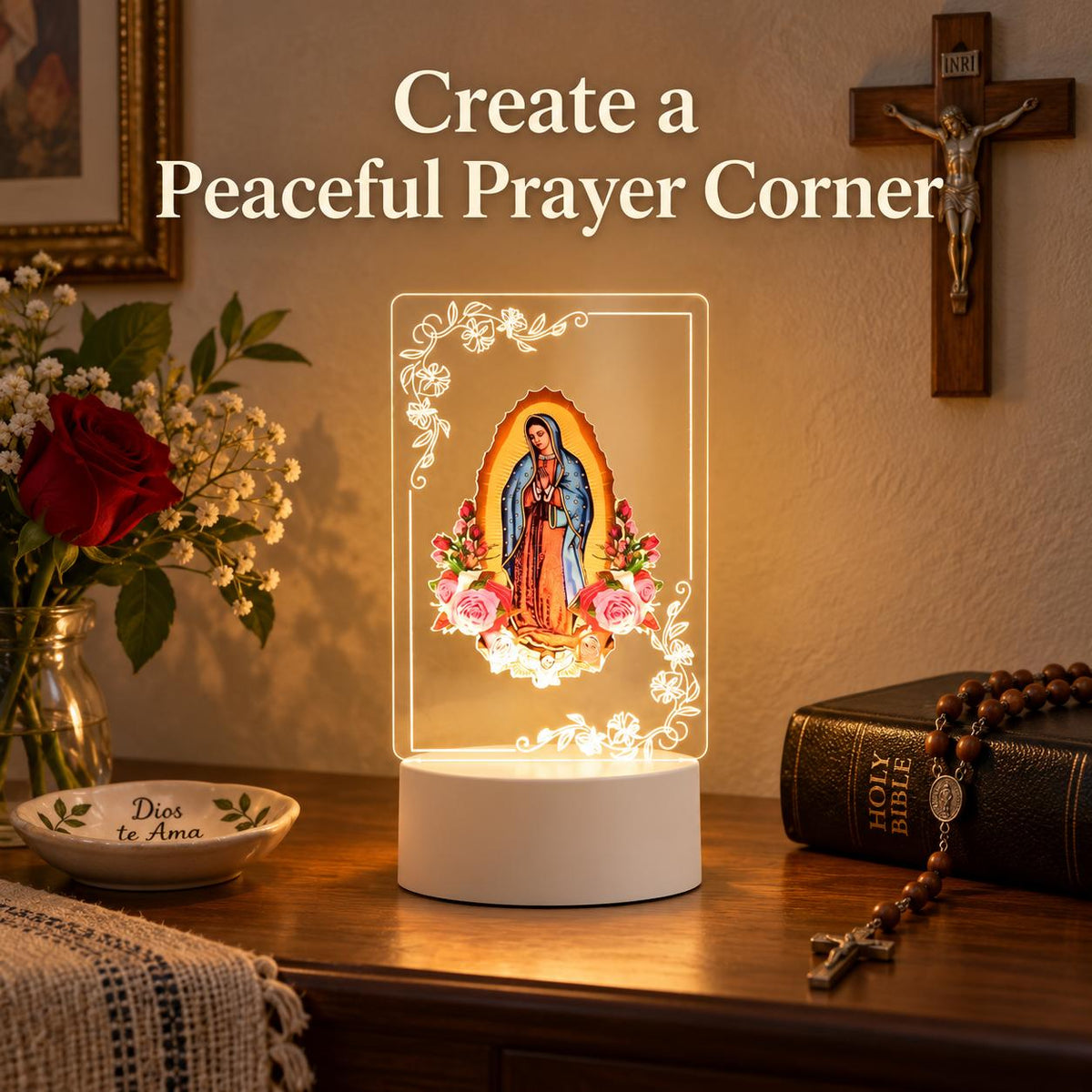 Our Lady of Guadalupe Acrylic Night Light — Floral Panel — Product styled in a home prayer corner