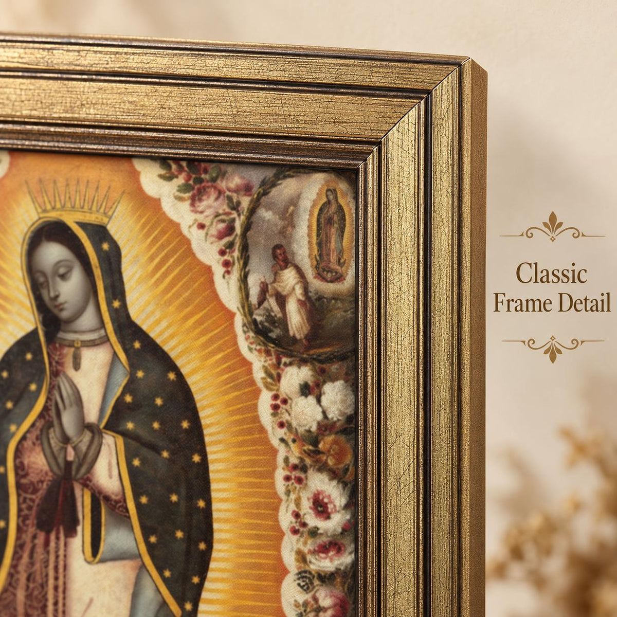 Our Lady of Guadalupe Framed Art — Devotional Scenes — Close-up of the frame and printed artwork