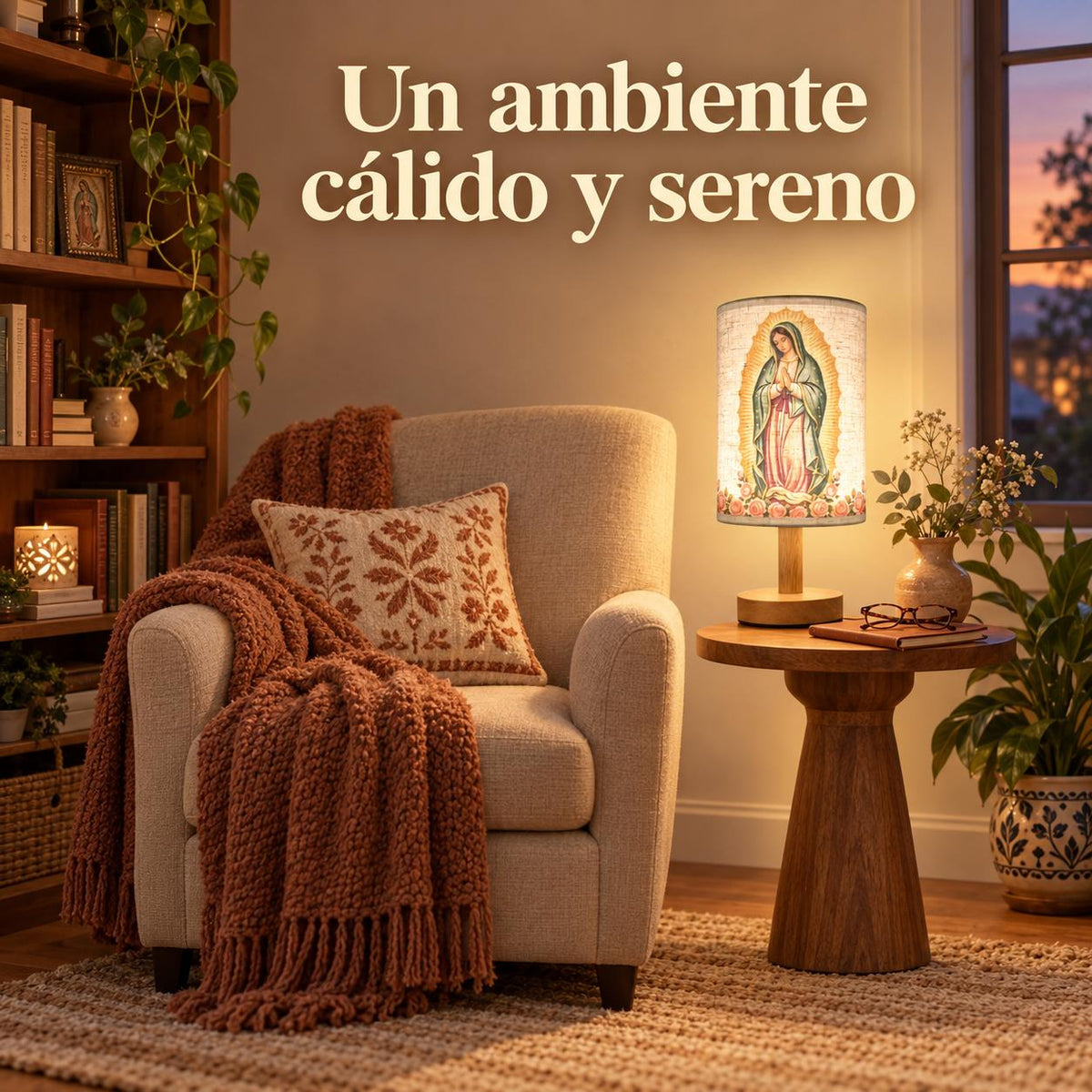 Our Lady of Guadalupe Fabric Table Lamp — Classic — Product beside a seating area