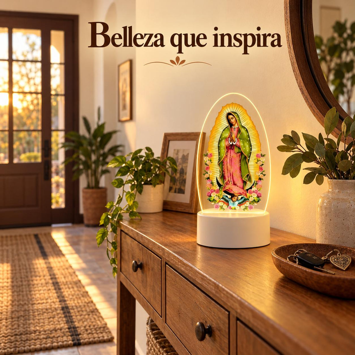 Our Lady of Guadalupe Acrylic Prayer Light — Three Color — Product styled in a home interior