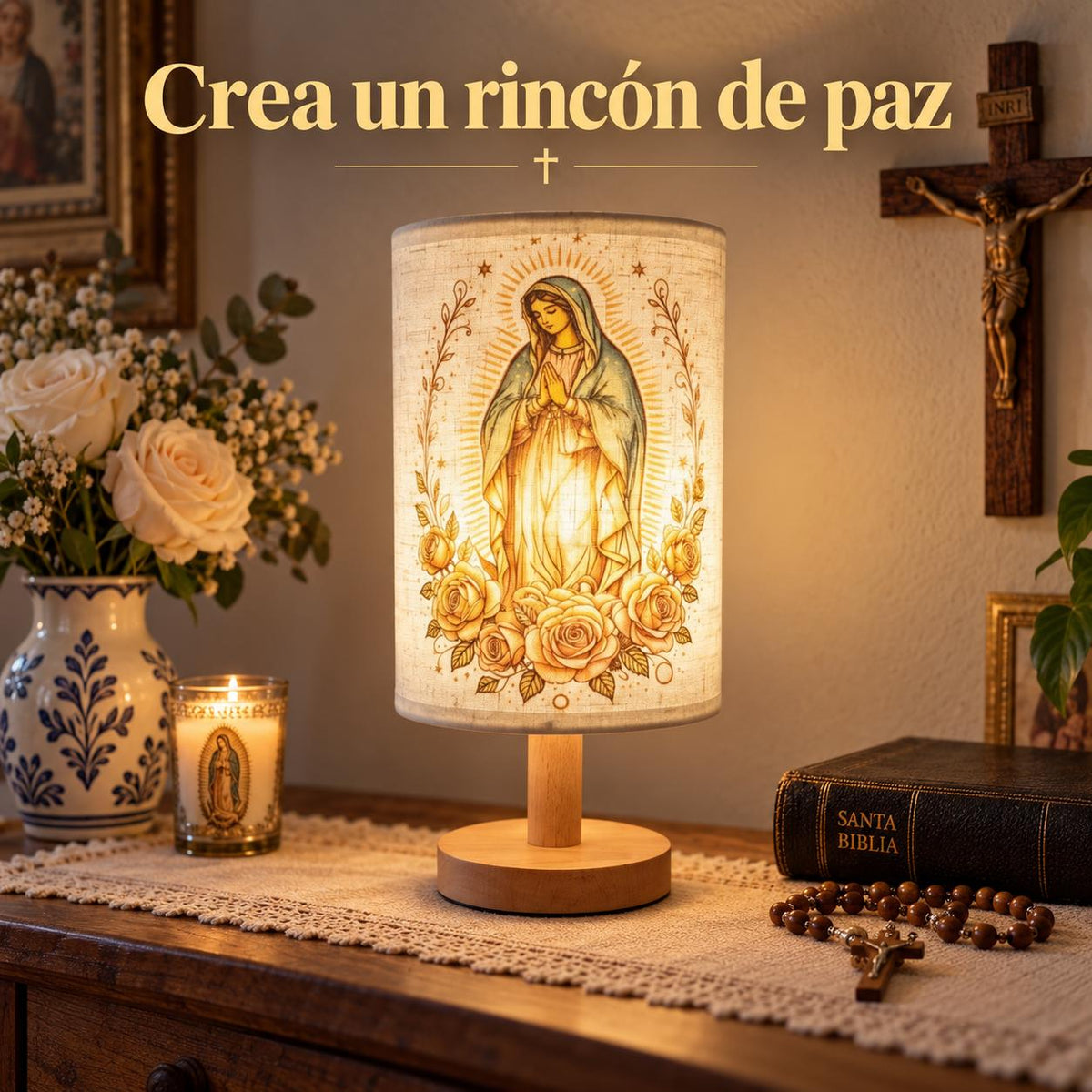 Our Lady of Guadalupe Fabric Lamp — Golden Artwork — Product styled in a home prayer corner