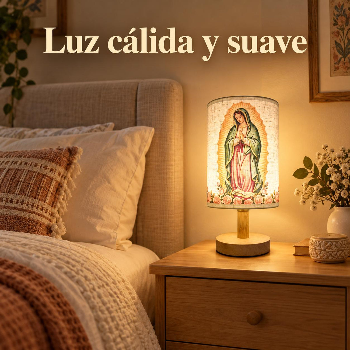 Our Lady of Guadalupe Fabric Table Lamp — Classic — Product on a bedside table