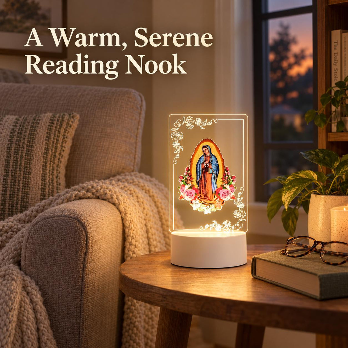 Our Lady of Guadalupe Acrylic Night Light — Floral Panel — Product beside a seating area
