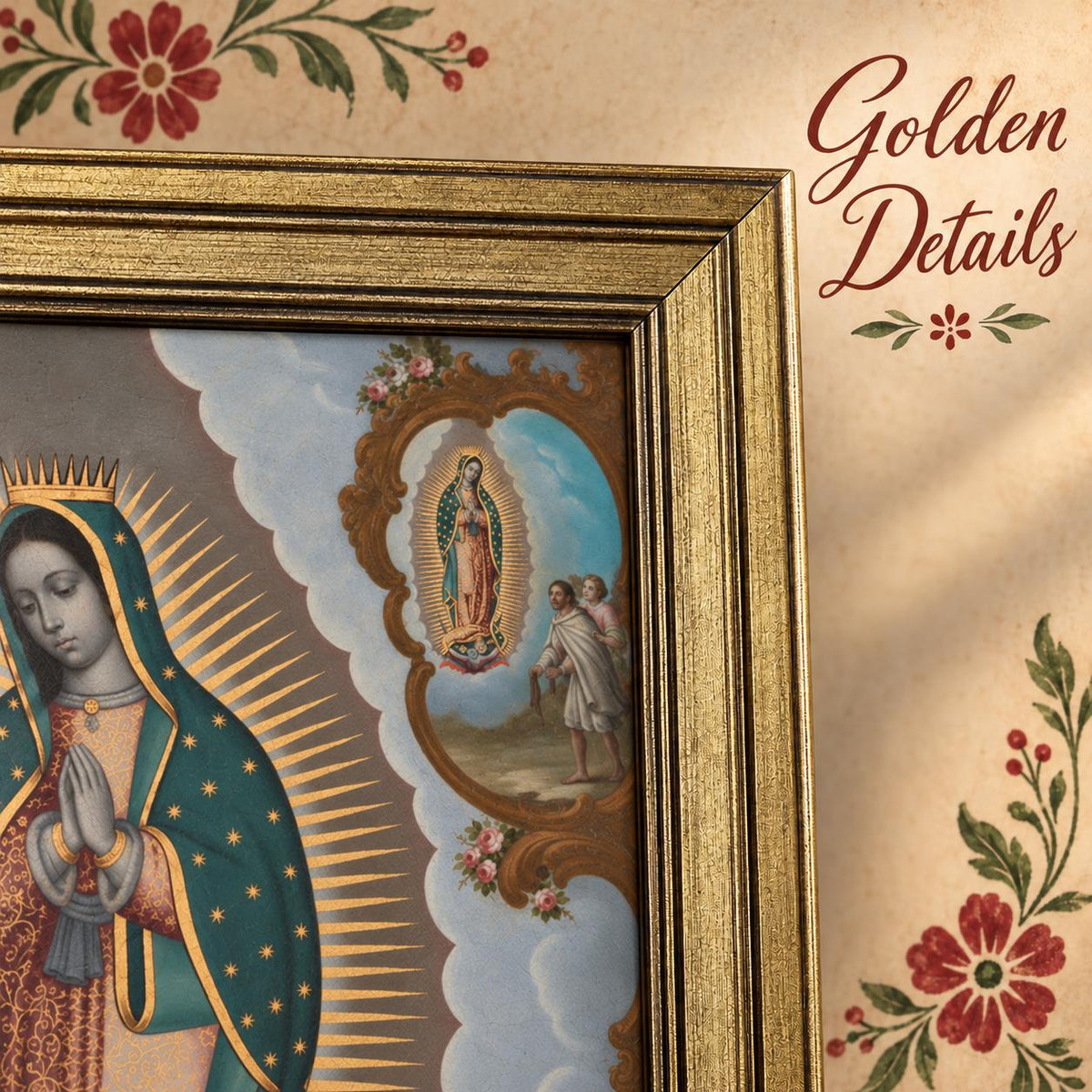 Our Lady of Guadalupe Framed Print — Heritage — Close-up of the frame and printed artwork