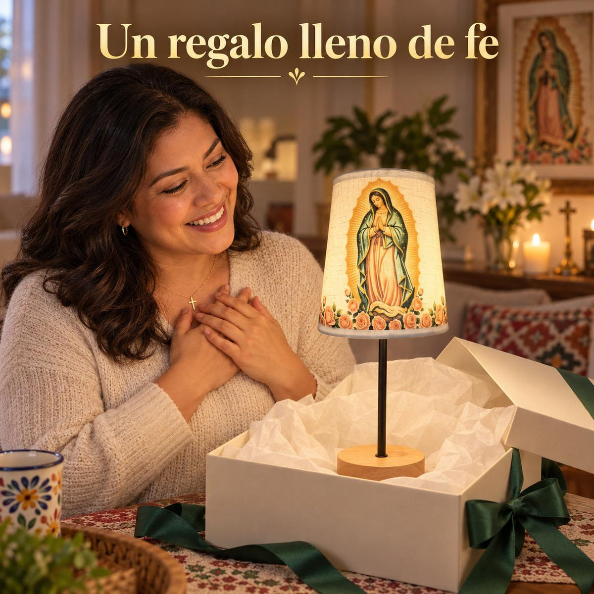 Our Lady of Guadalupe Fabric Lamp — Rose Artwork — Product shown in a gift-giving scene; props are not included