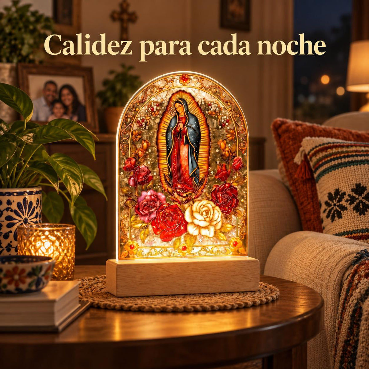 Our Lady of Guadalupe Acrylic Light — Classic Outline — Product beside a seating area