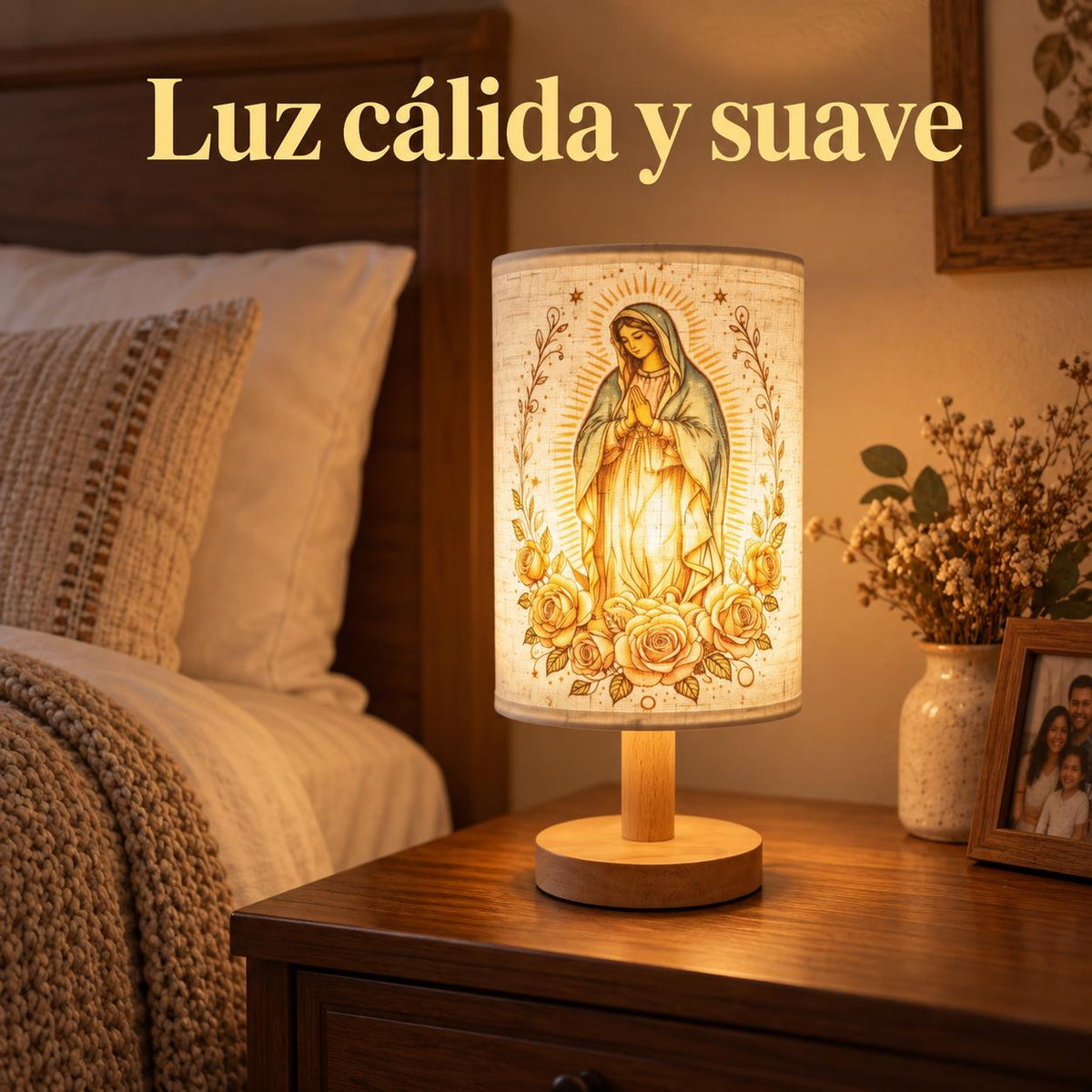 Our Lady of Guadalupe Fabric Lamp — Golden Artwork — Product on a bedside table