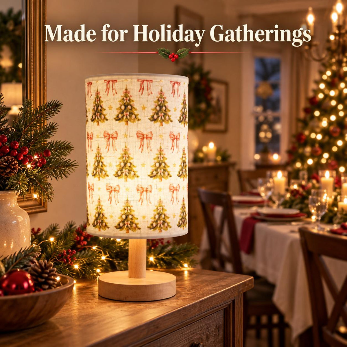 Christmas Fabric Table Lamp — Tree & Bow — Product styled in a home interior