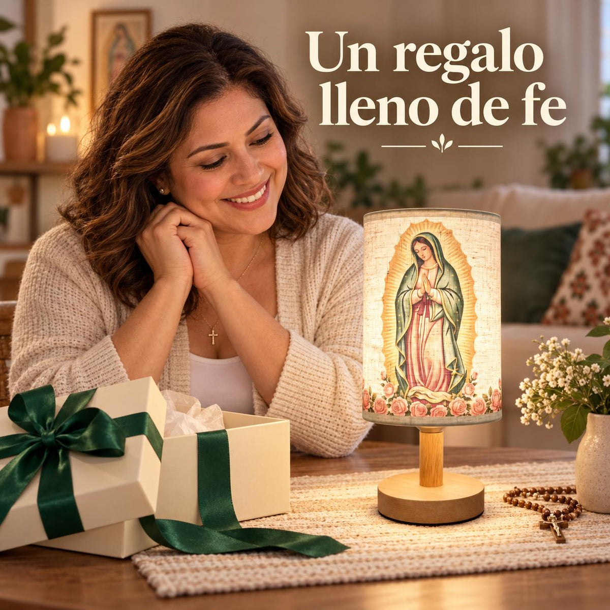 Our Lady of Guadalupe Fabric Table Lamp — Classic — Product shown in a gift-giving scene; props are not included
