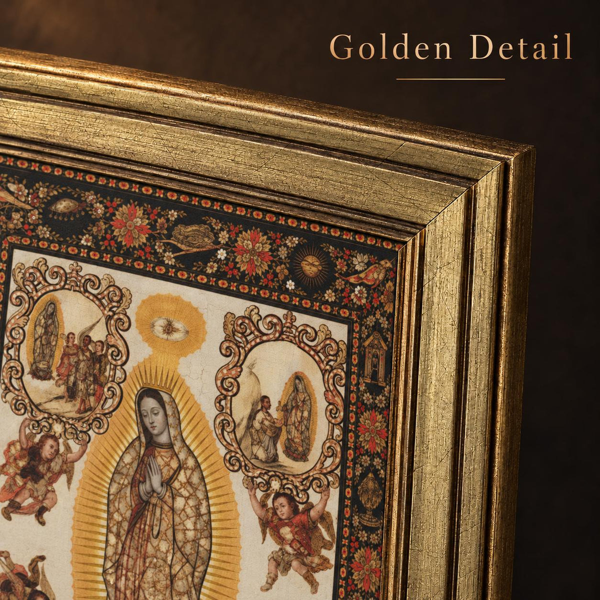 Cuadro de la Virgen de Guadalupe — A022 — Detalle del marco y la imagen impresa