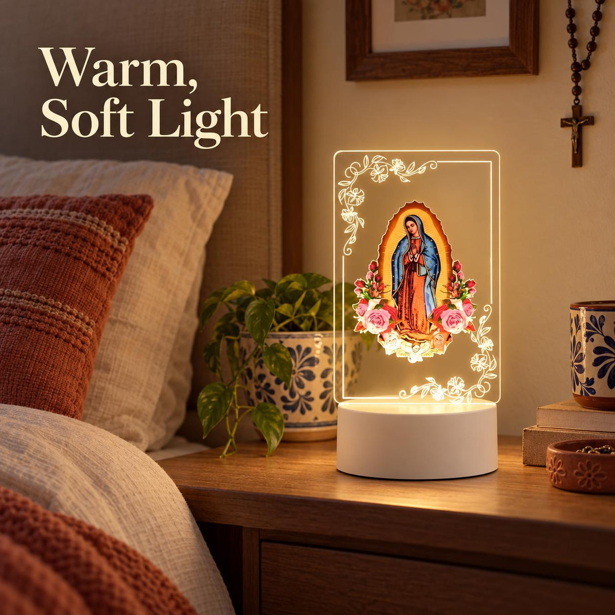 Our Lady of Guadalupe Acrylic Night Light — Floral Panel — Product on a bedside table