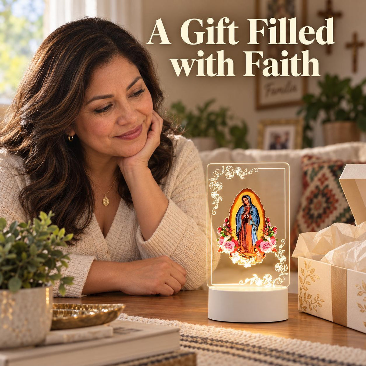 Our Lady of Guadalupe Acrylic Night Light — Floral Panel — Product shown in a gift-giving scene; props are not included