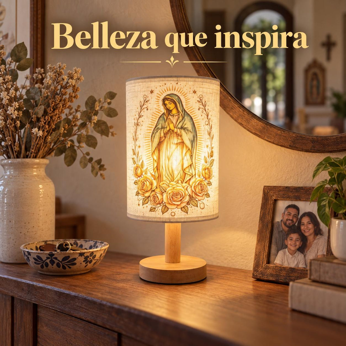 Our Lady of Guadalupe Fabric Lamp — Golden Artwork — Product styled in a home interior