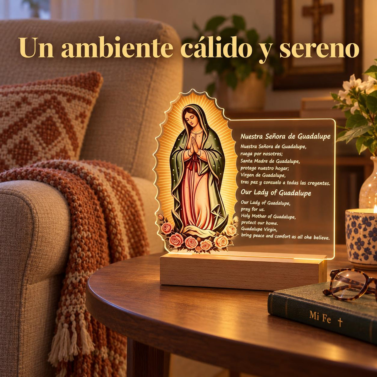 Our Lady of Guadalupe Acrylic Light — Prayer Text — Product beside a seating area